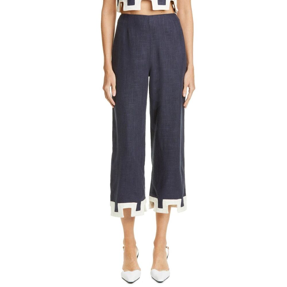Staud Navy Blue White Scalloped Linen Penza Trouser Pants High Rise Wide Leg 12